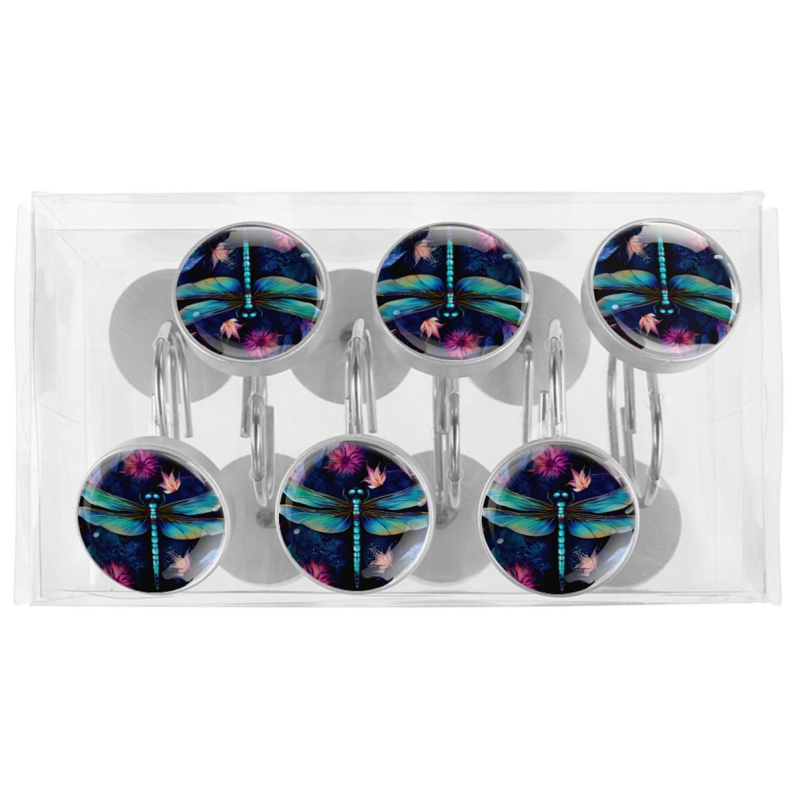 Dragonfly Shower Curtain Hooks （Set of 12） for Home Hotel Shower Rods Bathroom Crystal Glass Print Stainless Steel Round Curtain Hooks