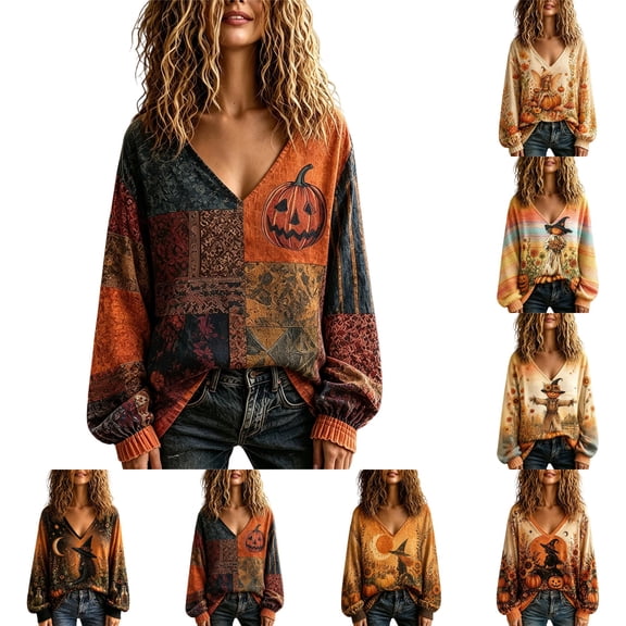 OIOLOYJM Halloween Long Sleeve Tops for Women Fall Casual V-Neck Pumpkin Graphic Happy Holiday Shirts Loose Fit Comfortable Lounge T Shirts Yellow L