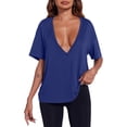 thumbnail image 3 of Womens Sexy Deep V Neck T-Shirts Summer Short Sleeve Tops Casual Loose Plus Size Fit Basic Tees Summer Womens Tops Sky Blue L, 3 of 6