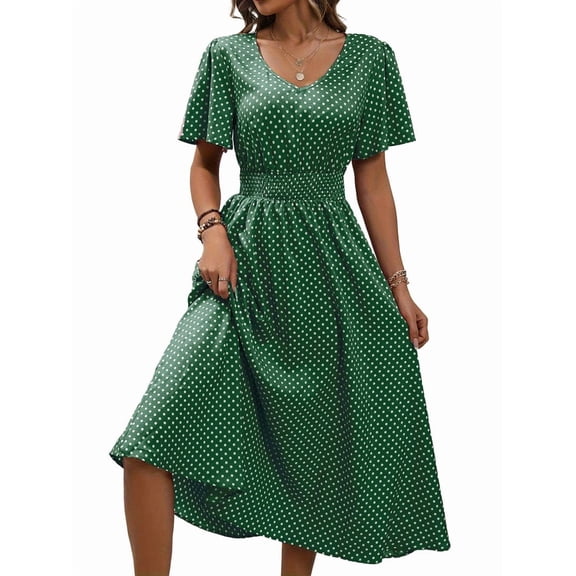 Women'S Vintage Polka Dot Dress V-Neck Waist Cinching Elegant Short Sleeved A-Line Dress Green XL