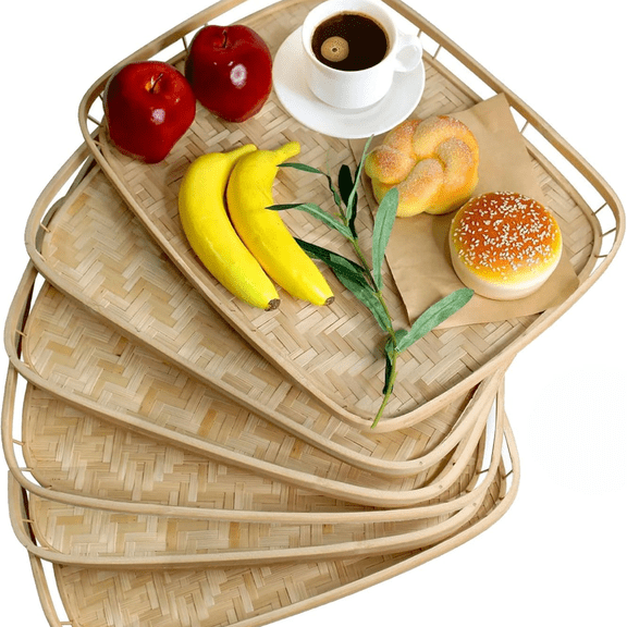 Set of 4 Bamboo Wicker Serving Trays for Foods & Drinks, Rectangular Breakfast Lap Trays with Handles Wooden Decorative Platters for Coffee Table,