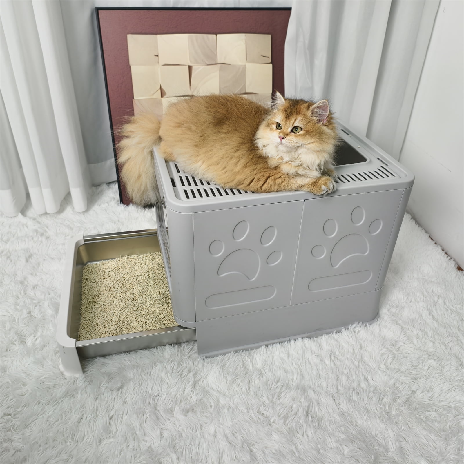 BingoPaw Stainless Steel Tray Cat Litter Box Front Entry Top Exit Kitty Toilet Box with Litter Scoop