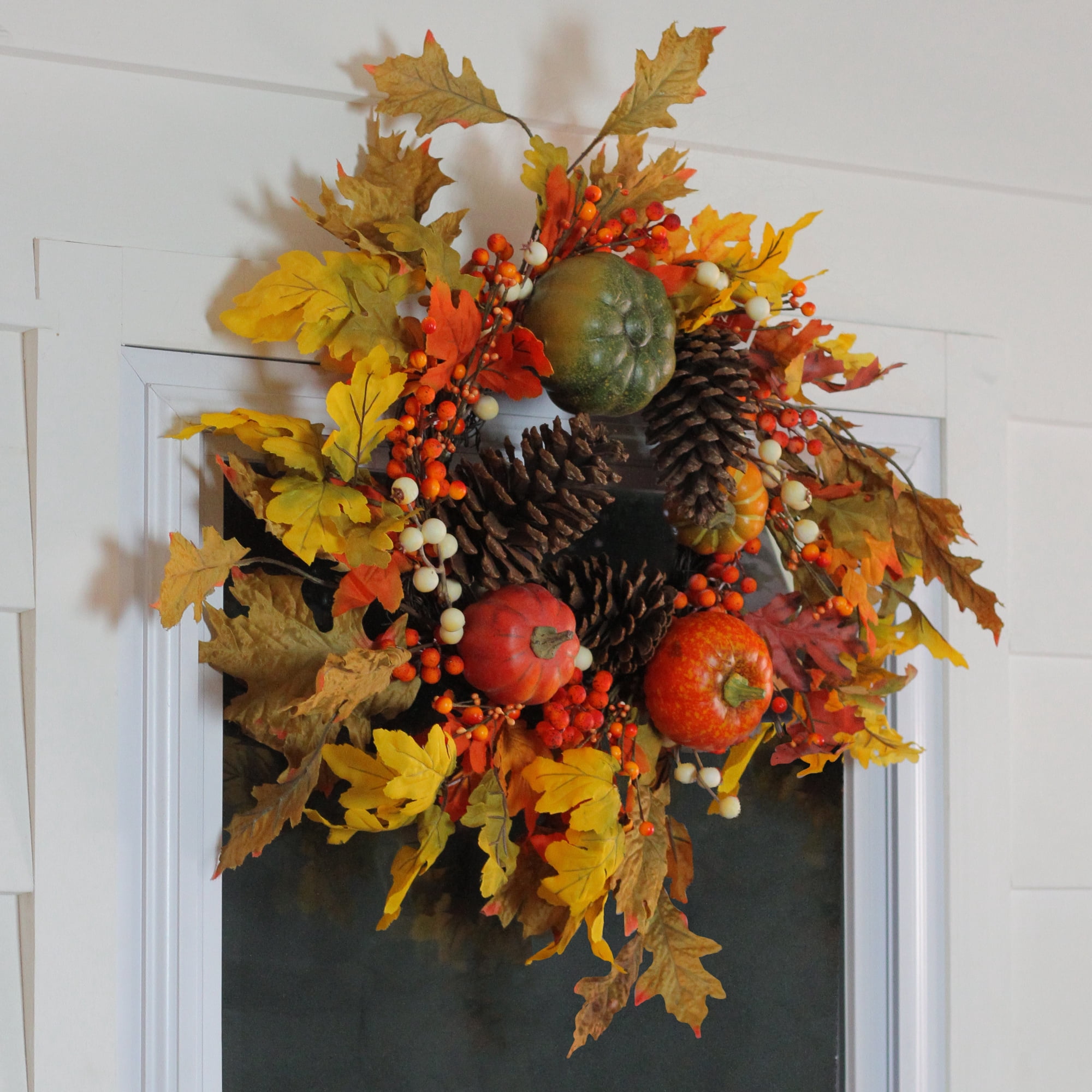 24" Autumn Harvest Decorative Artificial Fall Leaves Pinecones Pumpkins and Berries Wreath - Unlit
