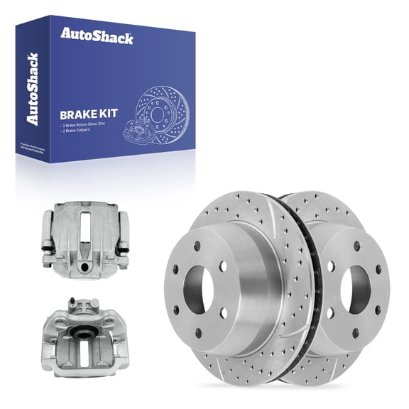 AutoShack Rear Vented Drilled & Slotted Silver Zinc Coated Brake Rotors   Calipers 4-PC Brake Kit Replacement for 2005-2006 GMC Sierra 1500 2003 GMC Sierra 1500 SilverShield Pro 12.99" (330 mm)