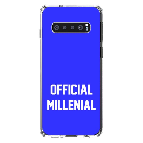 DistinctInk Clear Shockproof Hybrid Case for Samsung Galaxy S10 (6.1" Screen) - TPU Bumper, Acrylic Back, Tempered Glass Screen Protector - Official Millenial - Blue & White