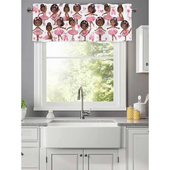 Curtain Valance for Windows,Cartoon Children Ballet Dance Kitchen Valances Rod Pocket Short Curtains,Pink Butterflies Ballet Shoes Window Treatment Panel for Bedroom Bathroom 42x12in