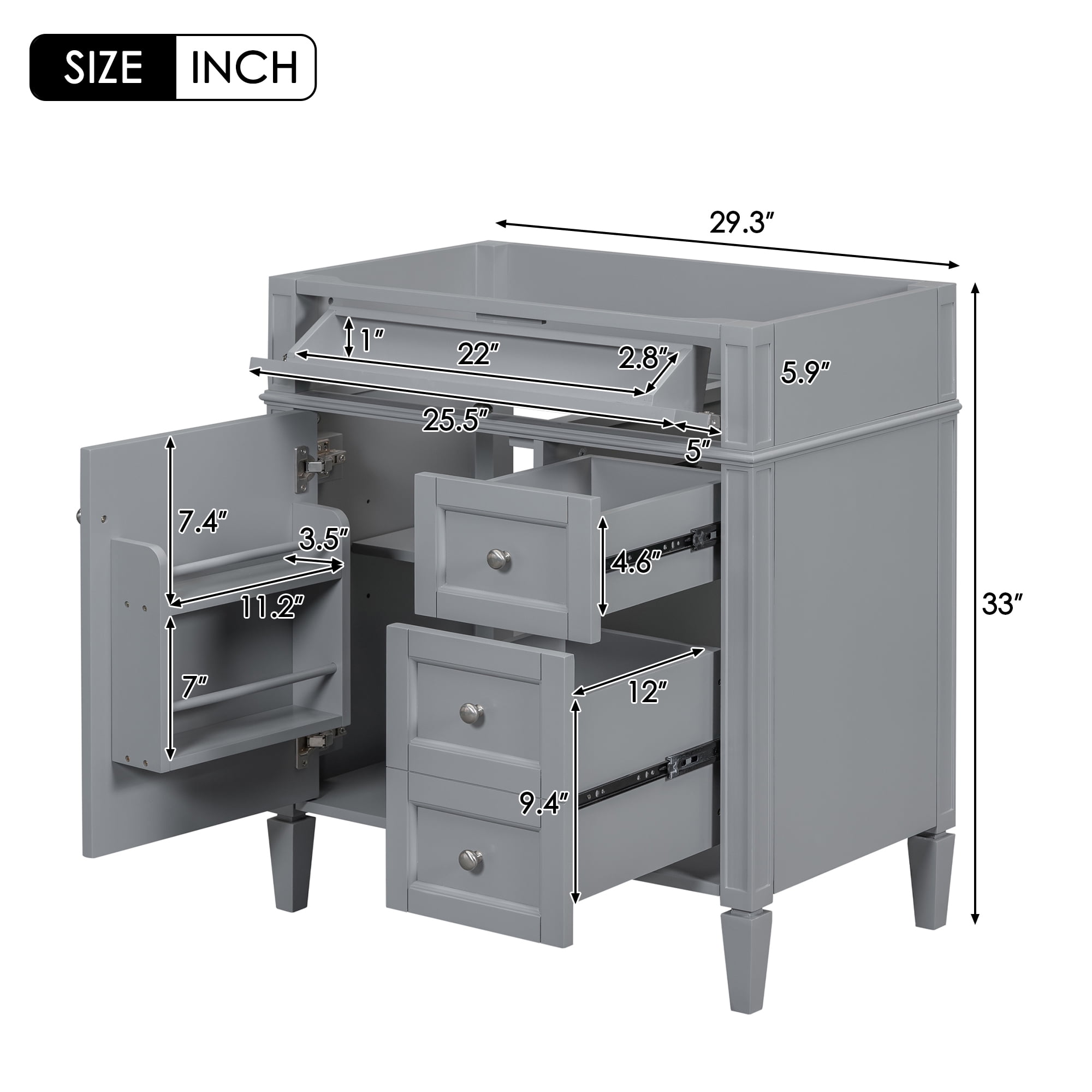 Euroco 30'' Bathroom Vanity without Top Sink, Modern Bathroom Storage Cabinet with 2 Drawers and a Tip-out Drawer (NOT INCLUDE BASIN)