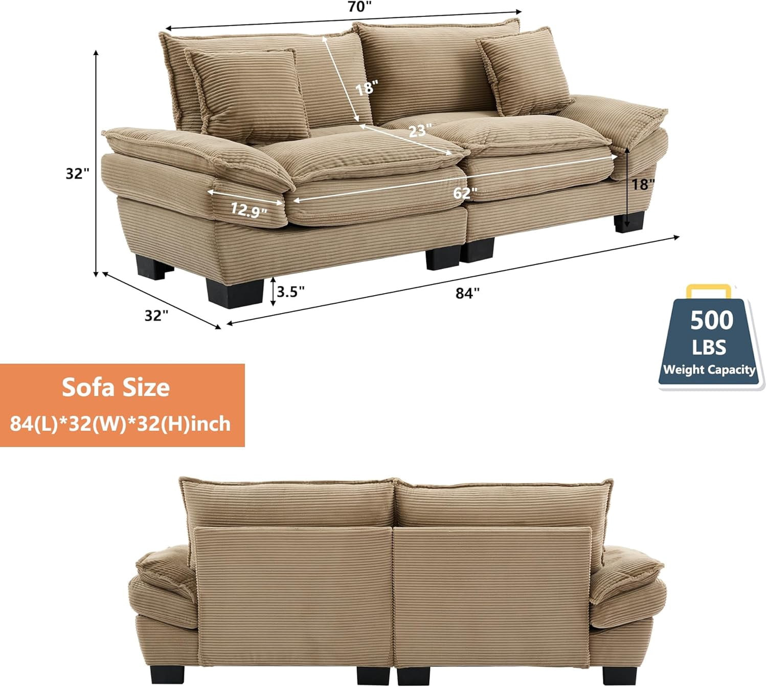 AENKYO 84" Corduroy Loveseat Sofa with Pillows, Modern 2-Seater Couch for Living Room,Khaki