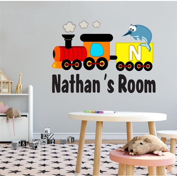 ALPHABET - Vinyl Multicolored Narwhal Aquatic Animal In A Train Décor Personalized Name Lettering Art Design Adhesive Kids Bedroom Wall Decal - Letter N Alphabet Home Art Wall Sticker 10" x 7"