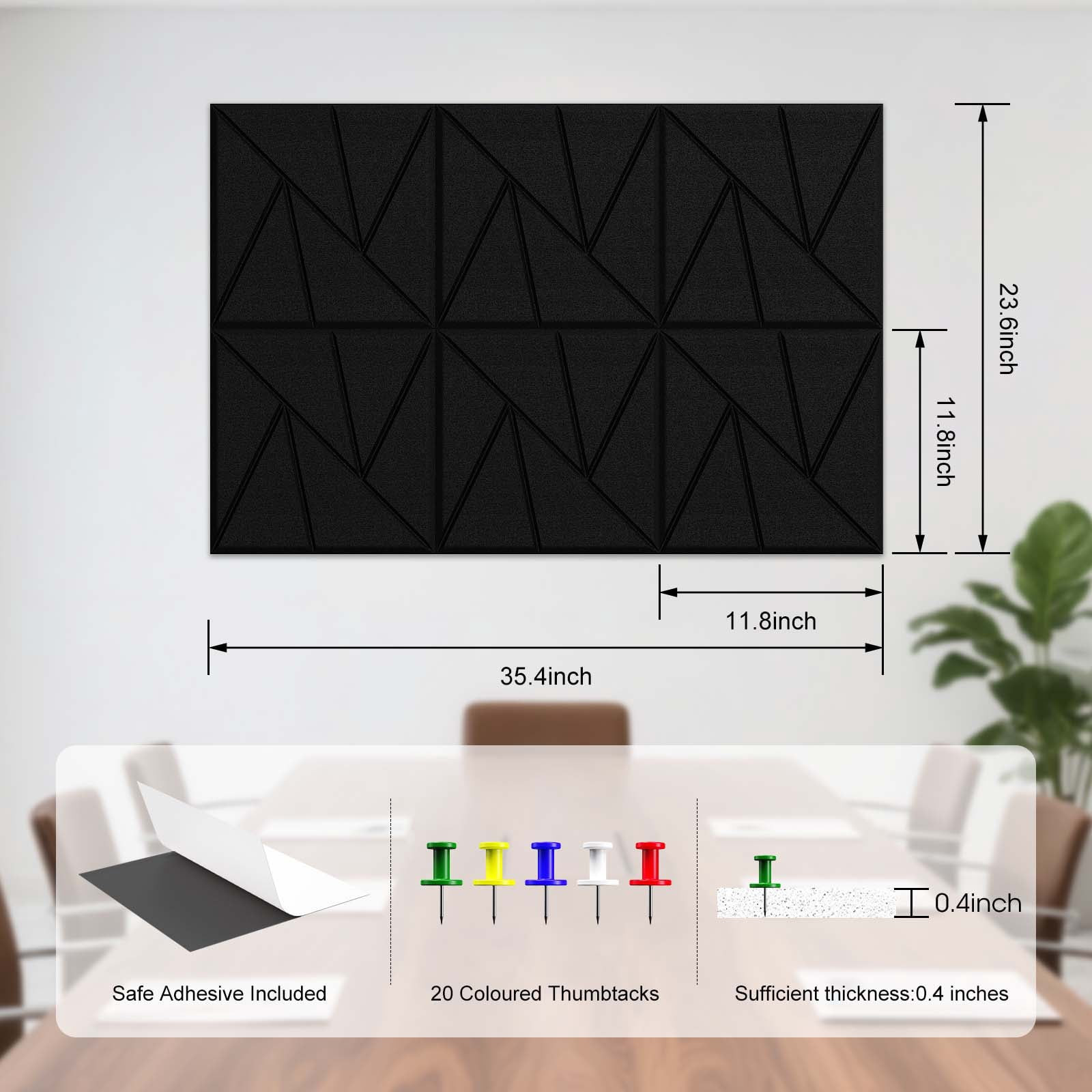 36" x 24" Vision Board, Large Decorative Felt Pin Board, Black Felt Bulletin Board, 6 Pack Foldable Felt Wall Tiles, Cork Board Alternative Tack Board for Office Wall Decor