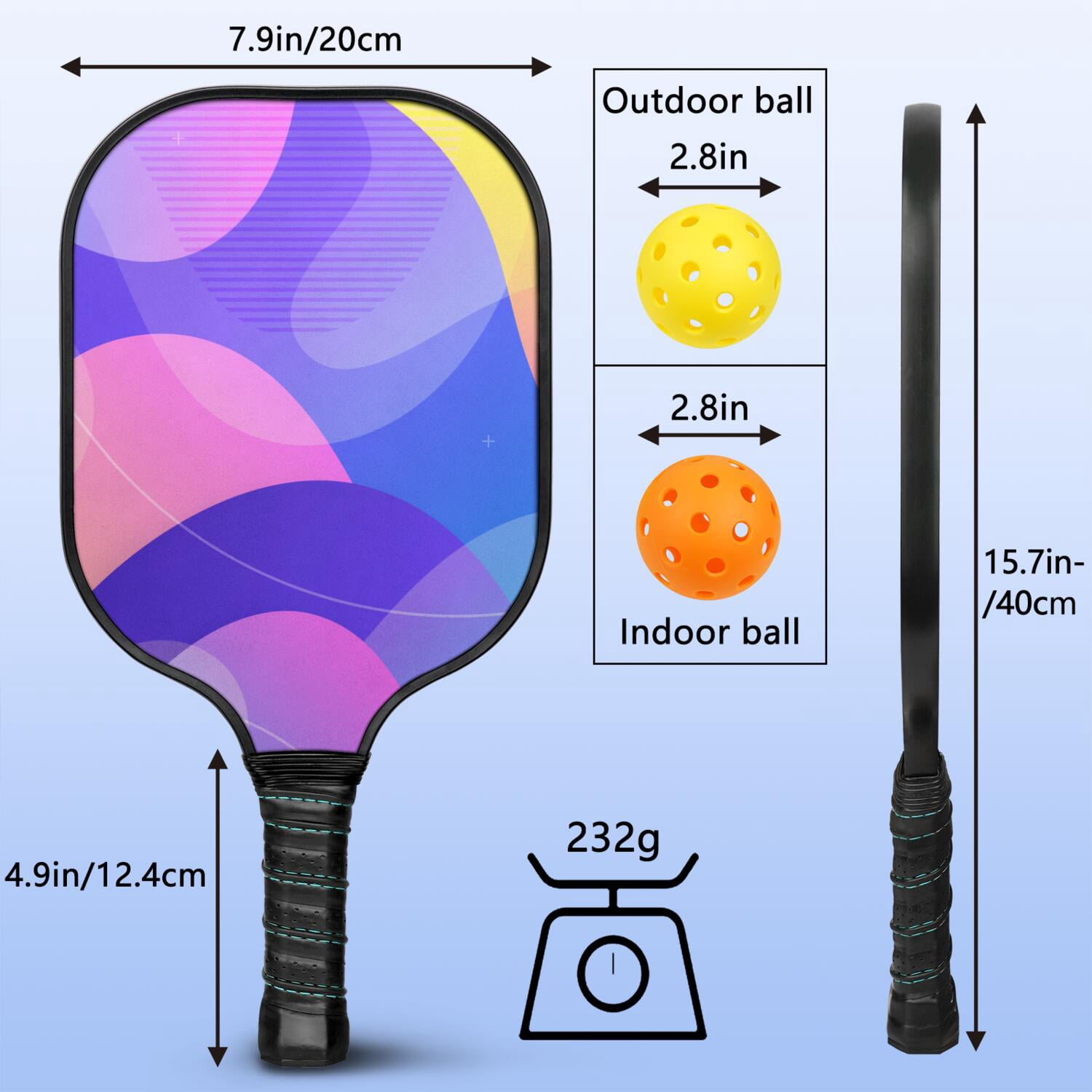 Pickleball Paddles Set Of 2, Fiberglass Surface, Neon Fluid Print, 4 Balls & Bag