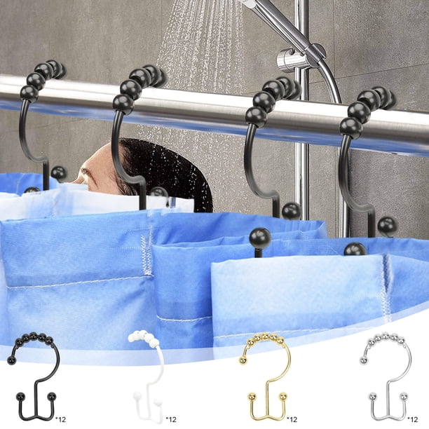 Gancho para cortinas de ducha Anillos de 12 paquetes de hierro | Acabado pulido resistente al óxido | Negro, Dorado, Plata, Blanco | Clip de 2,76 pulgadas | Instalación segura y sencilla