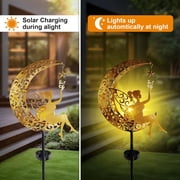 Qoosea Fairy Garden Solar Lights, Fairy Moon Figurine Light Stake, Yard Decorations Outdoor Garden Decor statues, Vintage Gold Lighting