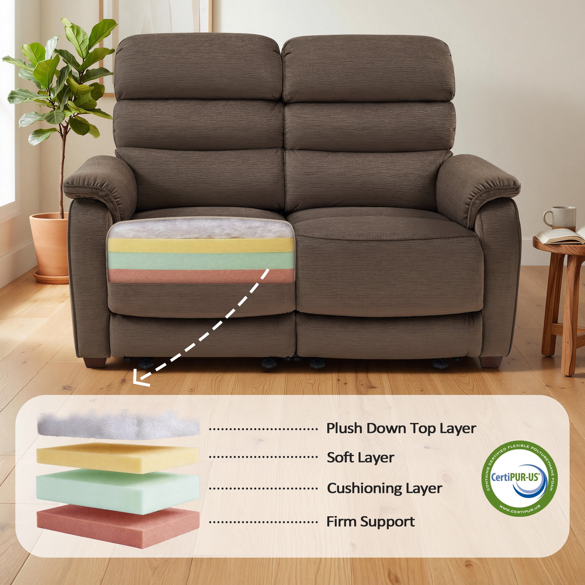 MCombo Zero Wall Hugger Power Recliner Loveseat for Living Room, RVs, Small Spaces, Fabric, Coffee