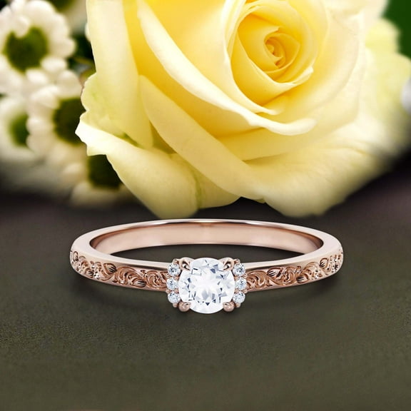 Art nouvea Gift For Her 0.75 Carat Round Cut Diamond Moissanite Unique Engagement Ring, Wedding Ring in10k Solid Rose Gold, Gift For Her, Promise Ring, Anniversary Ring