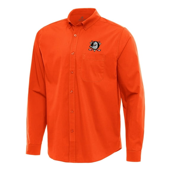 Men's Antigua Orange Anaheim Ducks Flight Woven Tri-Blend Long Sleeve Button-Down Shirt