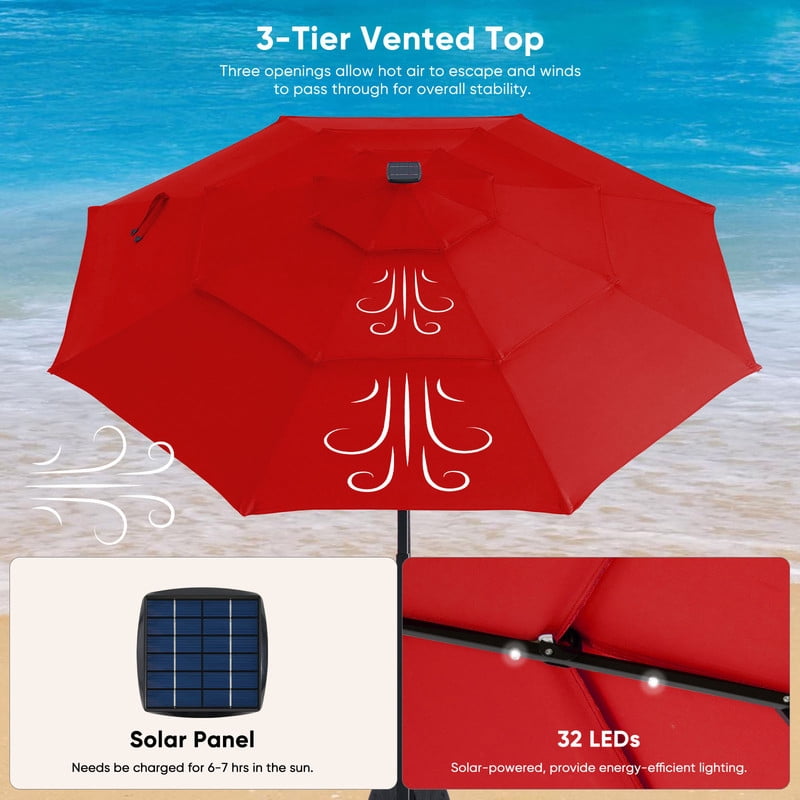 Gianna 10FT 3-Tier Solar Patio Umbrella with 32 LED Lights, Outdoor Umbrellas with Push Button Tilt and Crank,Red