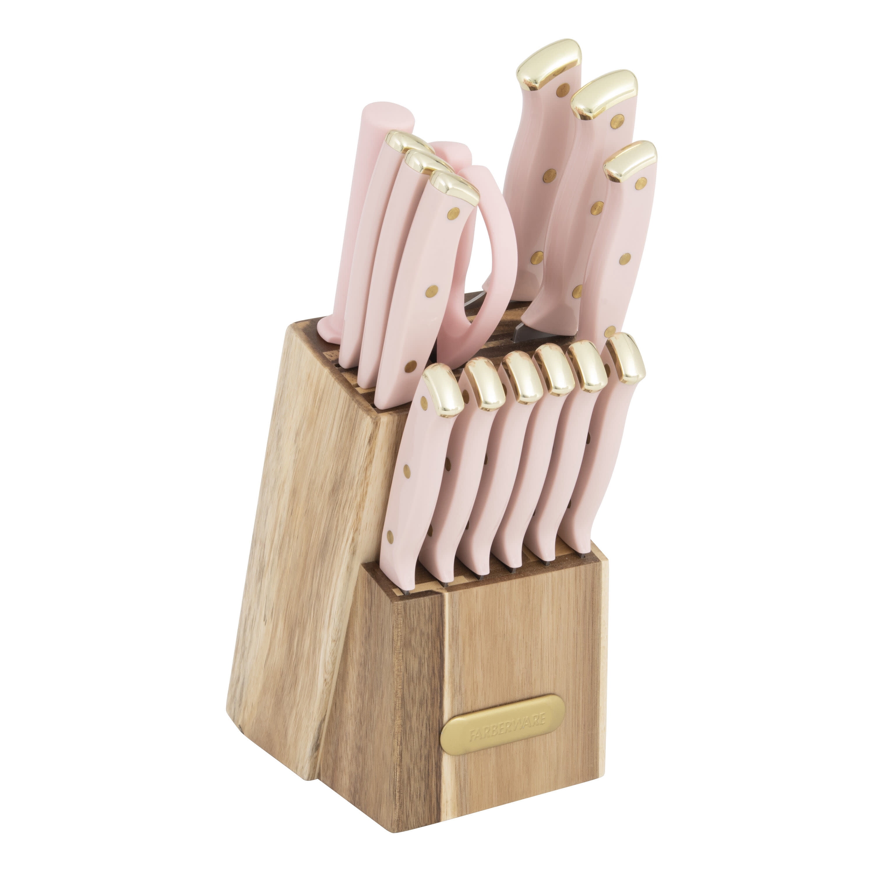 Farberware 15-Piece Triple Riveted Stainless Steel Knife Set with Acacia Block Blush Gold