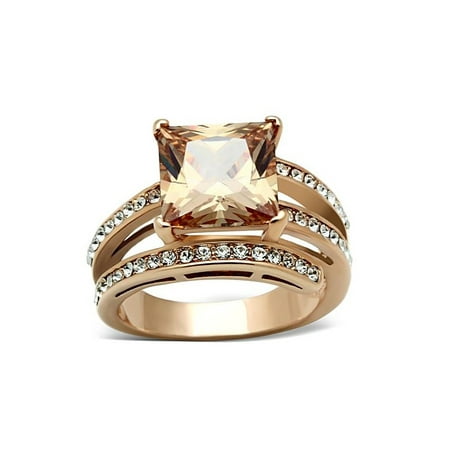 - Stainless Steel Rose Gold IP Champagne Color Square Cubic Zirconia Ring Sz 5-10