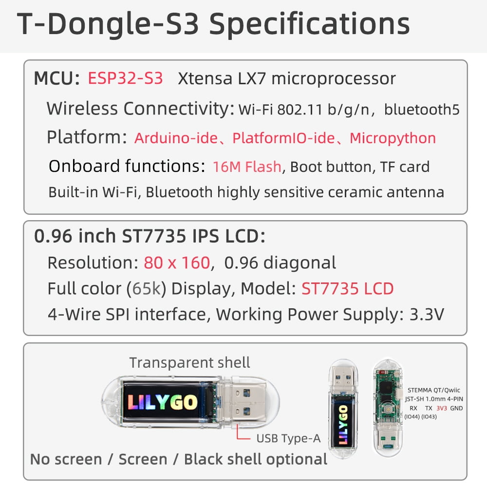 LILYGO T-Dongle-S3 ESP32-S3 Development Board with Screen Dongle 0.96" ST7735 LCD – WiFi, Bluetooth 5.0, MicroPython, 16MB Flash, TF Card Slot