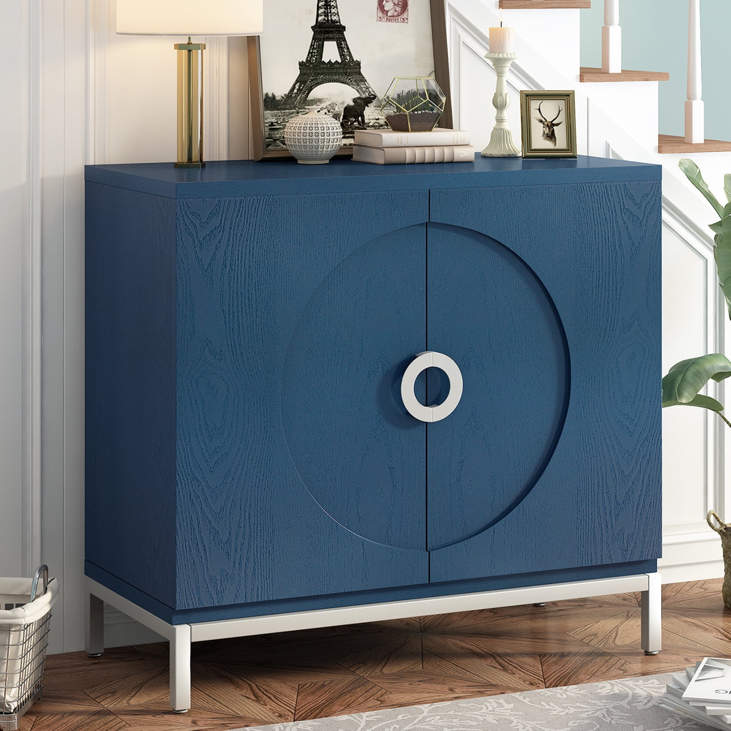 Kadyn Sideboard Buffet Cabinet, Accent Cabinet with Solid Wood Veneer and Metal Leg Frame, Kitchen Storage Cabinet for Entryway,Navy