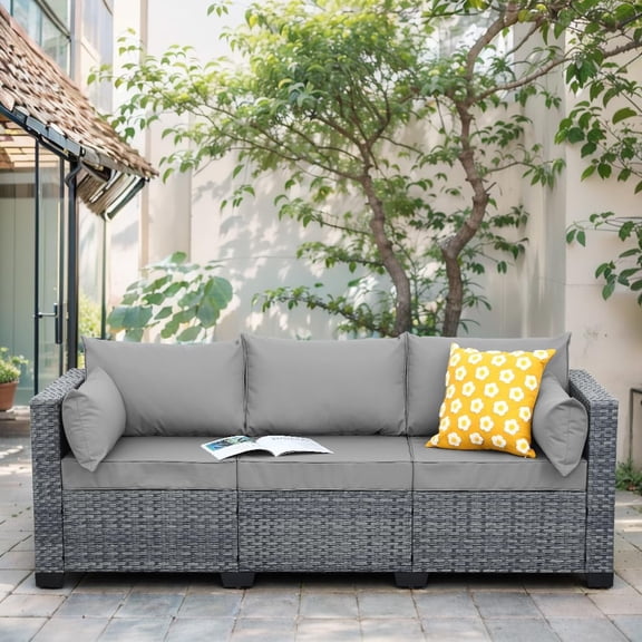 Wicker Patio Couch Outdoor 3-seat Sofa with All-Weather Rattan Deep Seater Outdoor Couch with Royal Blue Cushions