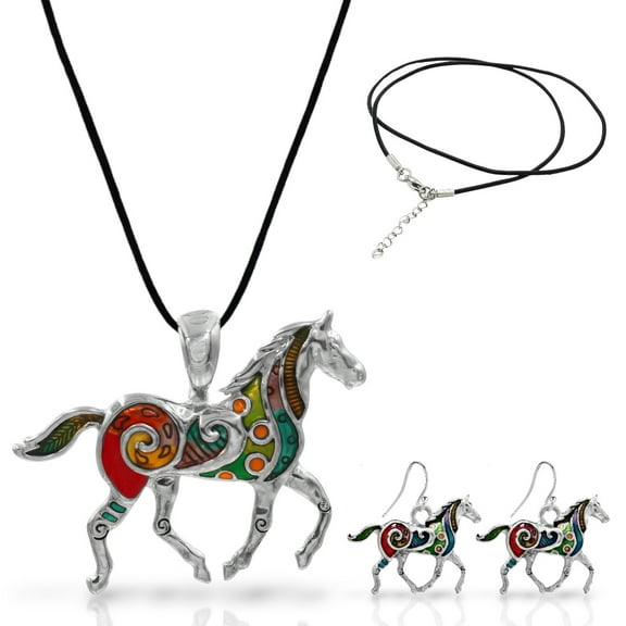 Artistic Mosaic Horse Necklace and Horse Earrings Pony Jewelry Set by BESHEEK
