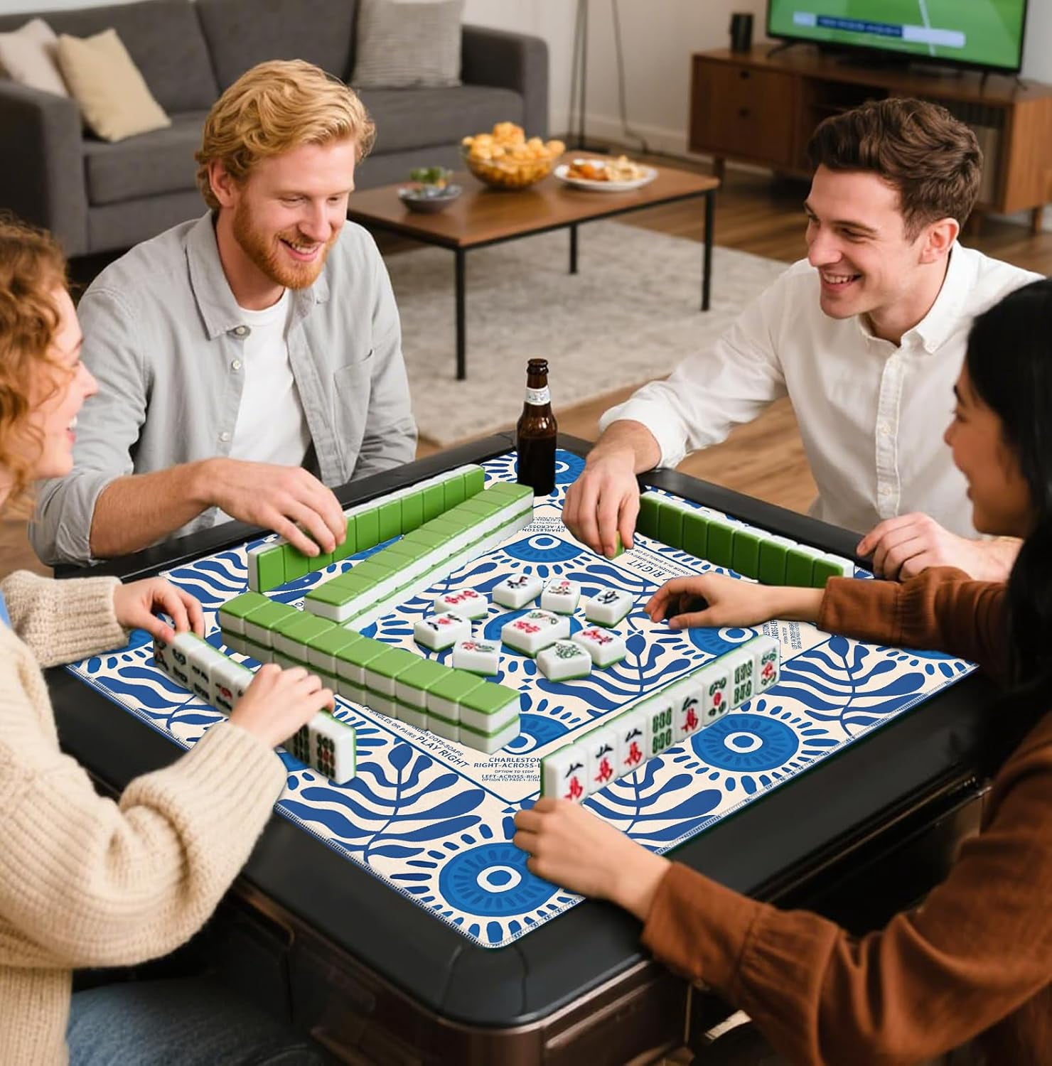 Boho Blue Mahjong Mat 31.5x31.5 Inch, Mediterranean Tiles Non-Slip and Noise Reduction Mah Jong Table Mat Cover Gifts for Mahjong Lovers Poker Board Games Dominoes