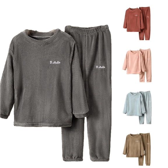 Glisme Boy Casual Pajamas Long Sleeve Warmth Nightwear Round Neck Top Trousers Solid Color Sleepwear 9-10 Years Classic Big Boys Clothes Grey