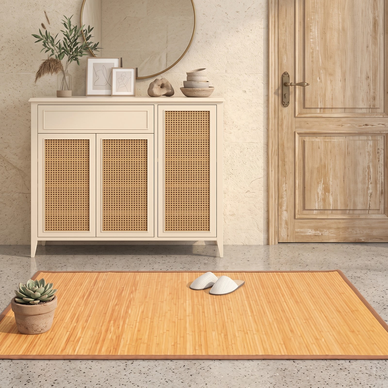 ALPULON 5 x 8 Feet Bamboo Floor Mat, Roll-Up Bamboo Area Rug with Anti-Slip Backing for Living Room Bedroom Entryway Hallway, Natural