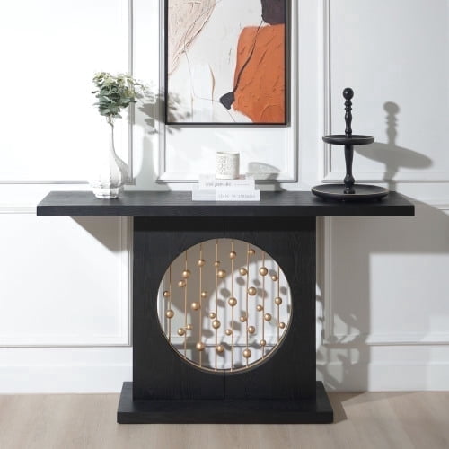 VELOVE Modern Black Console Table with Gold Accent - Luxury Entryway Sofa Table with Circular Metal Art Decor for Living Room, Hallway