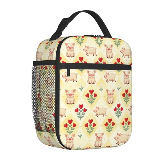 Pig Insulated Lunch Bag Cute Reusable Cooler Tote with Front Pocket Handheld Portable Meal Prep Bag for Work Office Picnic