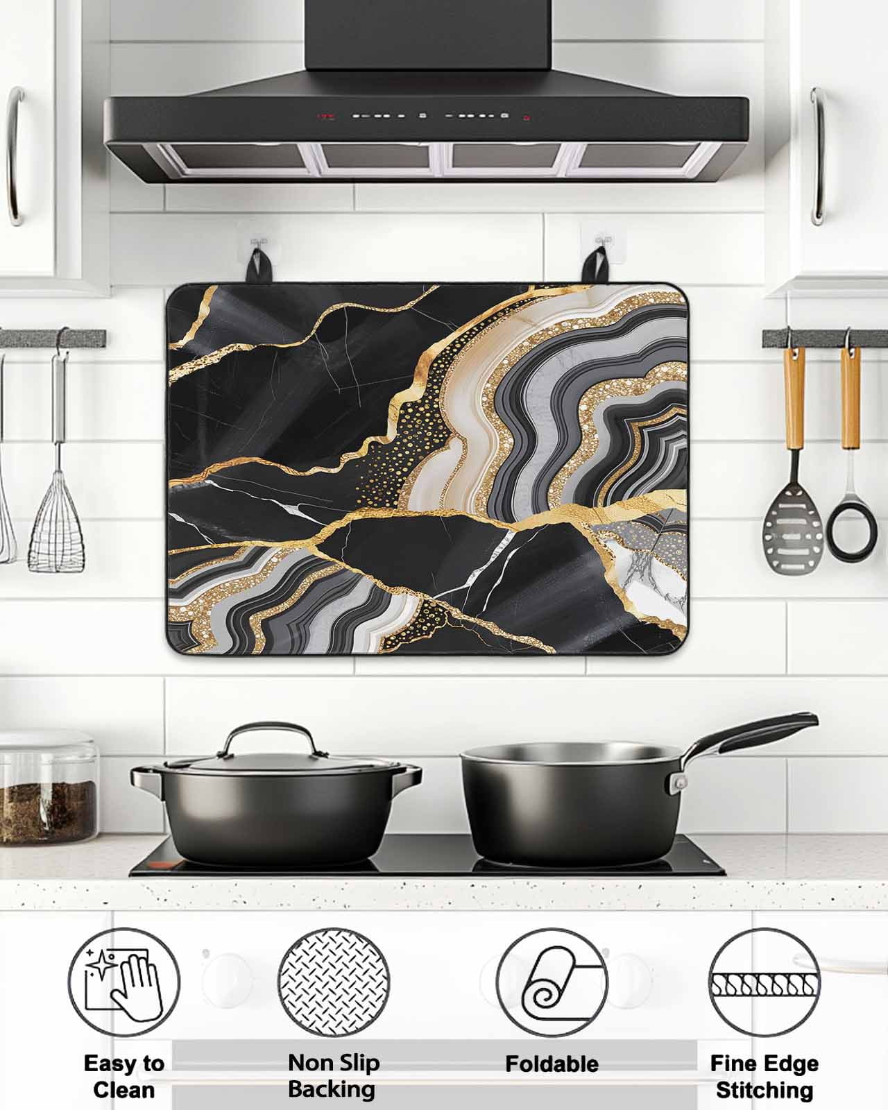 Stove Top Covers for Electric Stove, Black Marble Glass Stovetop Cover Protector, Grey Gold Texture Vintage Farmhouse Art Induction Cooktop Protector Oven Mat for Kitchen Countertop 24"x21"