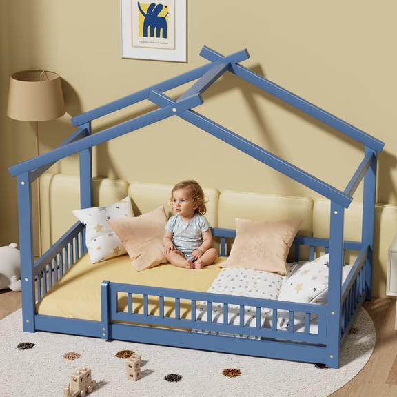 Twin House Floor Bed Frame with Fence, Wooden Montessori Bed with Slats Support for Boys Girls, Mist Blue