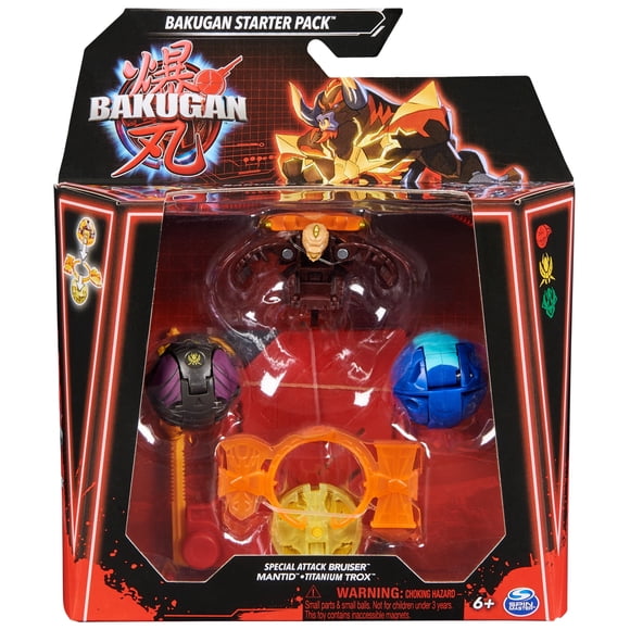 Bakugan Paquete Inicial de 3, Ataque Especial Bruiser, Mantid y Titanium Trox, Figuras de Acción Giratorias Personalizables y Tarjetas Coleccionables, Juguetes para Niños y Niñas de 6 Años en Adelante