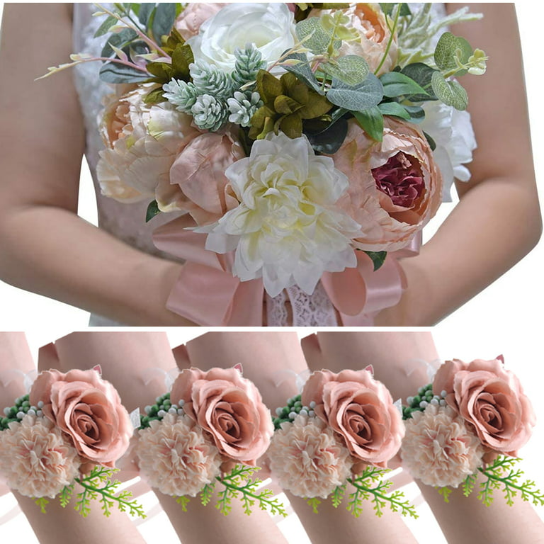 Leaveforme Wrist Corsage for Wedding, Set of 4, Prom Flower Wrist Corsages  for Mother of Bride and Groom, Rose Wrist Flower for Bride Bridesmaid Girl