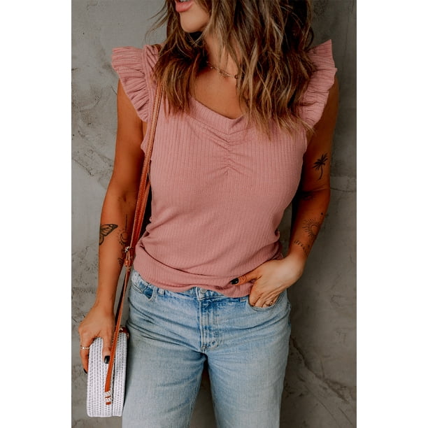 ABPHQTO Top de punto acanalado con mangas japonesas y volantes para mujer