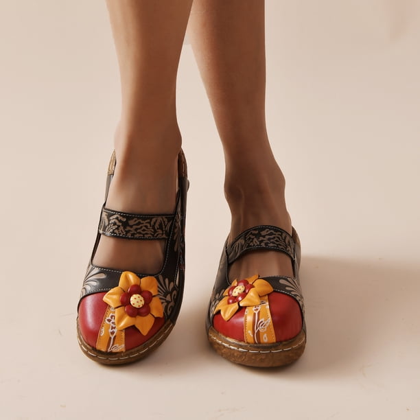 Sandalias de tacón plano con estampado de flores manuales para mujer, con bloques de colores personalizados Wmkox8yii nm778