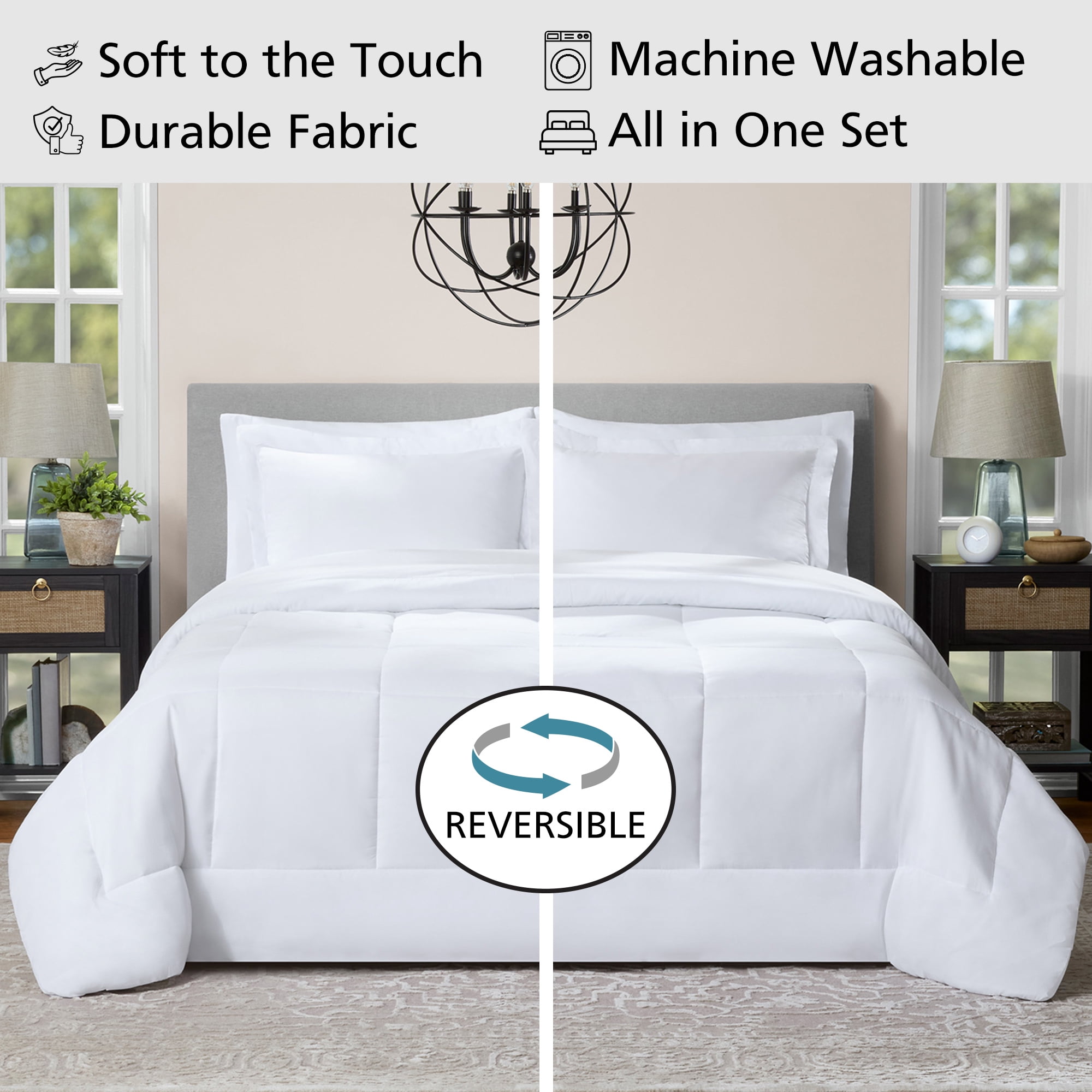 Mainstays Reversible Bed-in-a-Bag Set, 7 Pieces, Queen, White