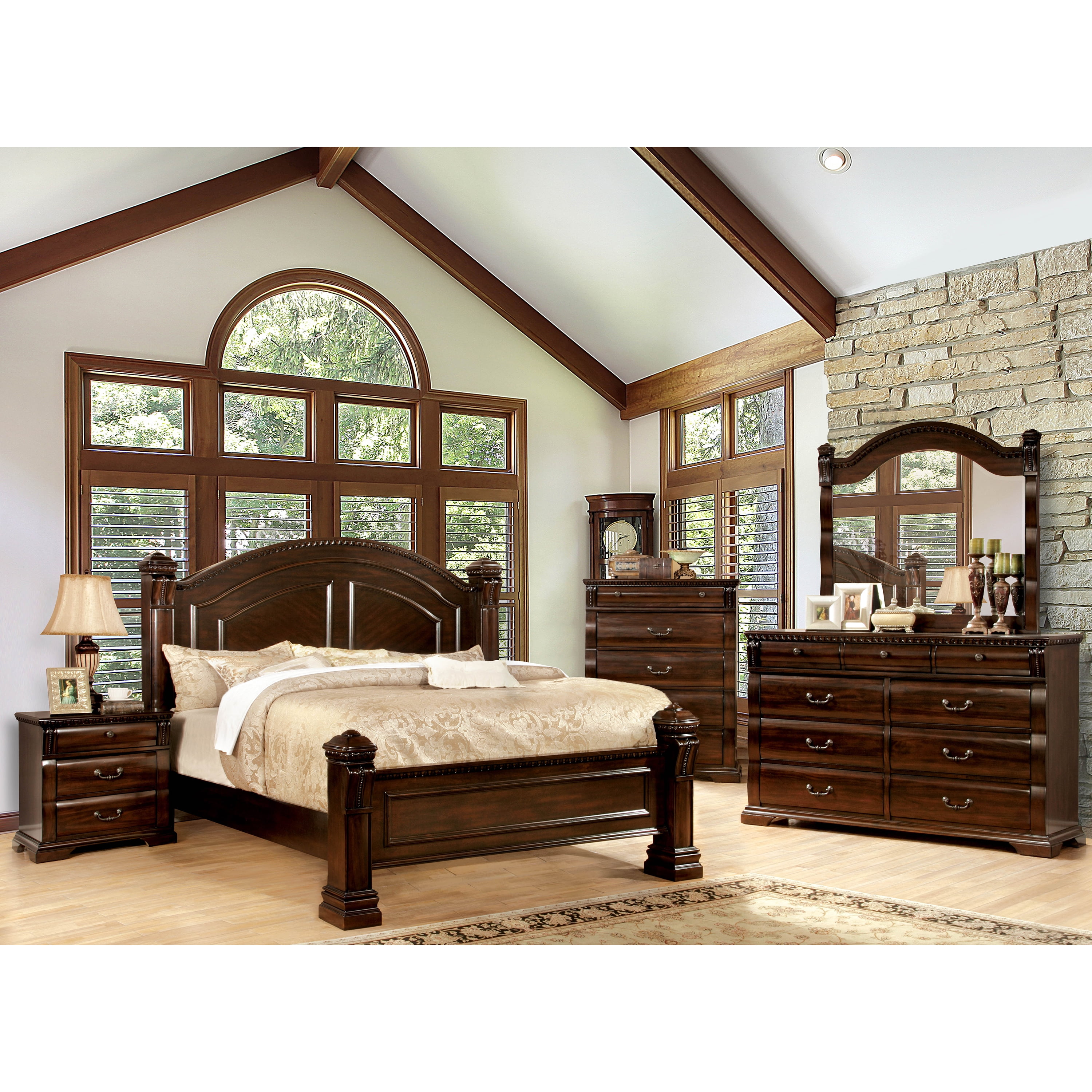 Furniture of America Nielene Transitional Nightstand with 3-Drawer, Cherry