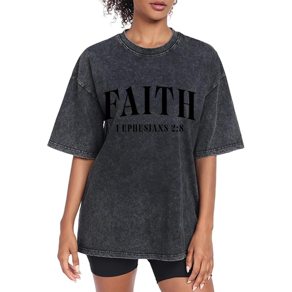 Women Faith 1 Ephesians 2: 8 Faith Graphic Tee Fahsion T Shirt Top Apparel Short Sleeve Round Neck Black S-2XL Plus Size