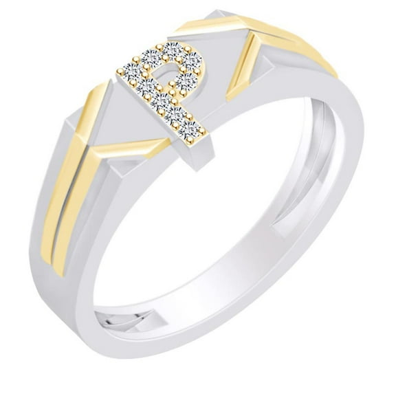 AFFY Round White Natural Diamond Accent Initial Letter "P" Two Tone Ring 14k White Gold Over Sterling Silver
