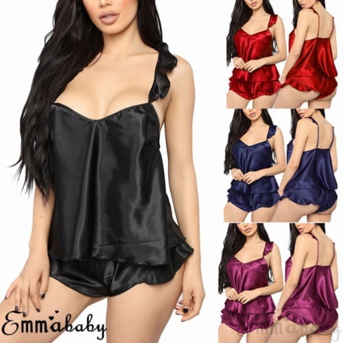 Lingerie de Nuit en Satin Soie Dentelle Babydoll Ensemble de Pyjamas Shorts