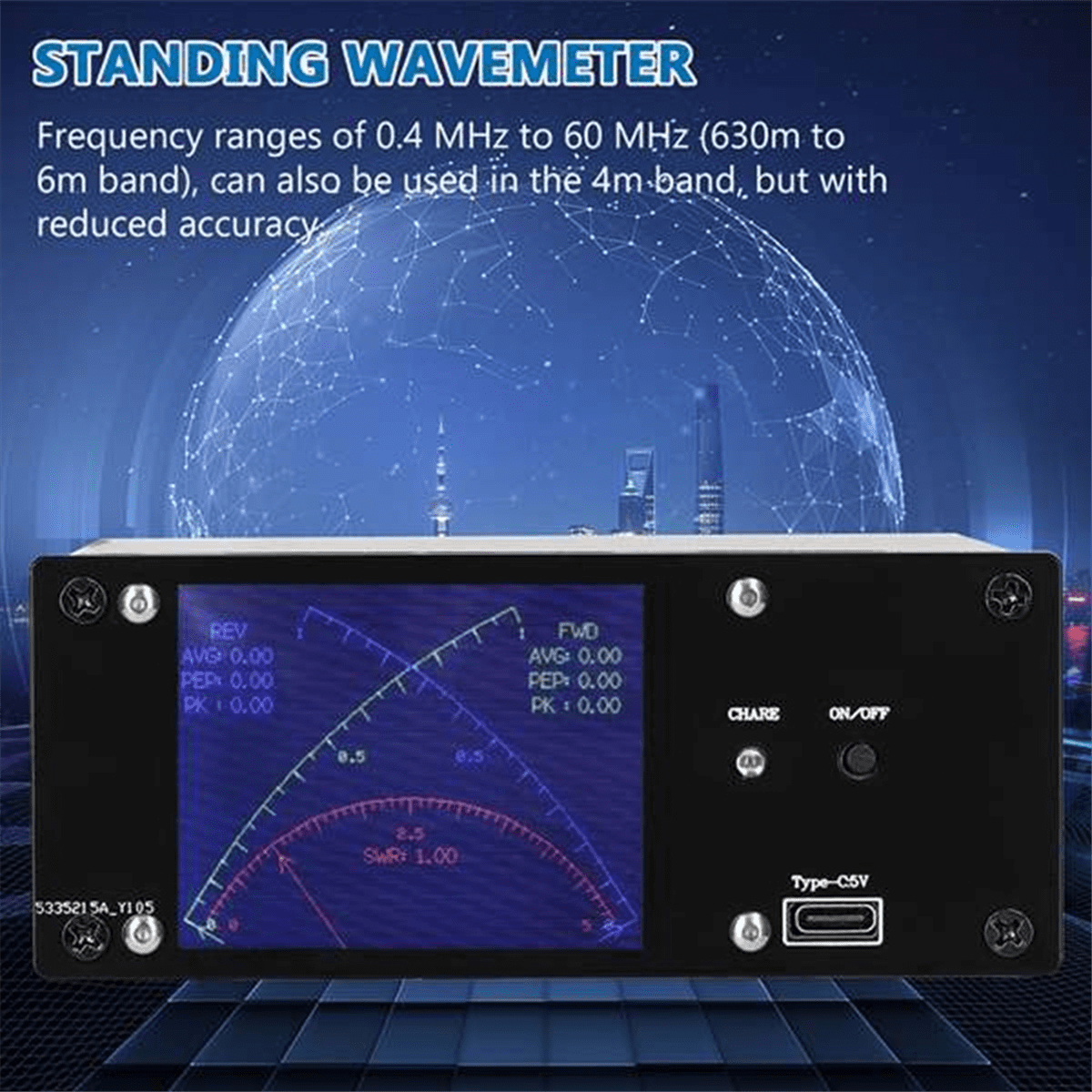 Full Touchscreen Shortwave Power Meter Standing-Waves Meter with over Voltage Standing Waves Ratio Alarm AVG Time Adj,1 x SWR Meter 1 x Type-C Cable,Black