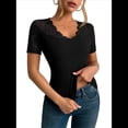 thumbnail image 3 of Camisetas de Corta con Cuello en V y Encaje para Mujer, Camisetas Básicas Ajustadas de Punto Acanalado, Estilo Informal de Verano para Negocios Negro XXL, 3 of 10
