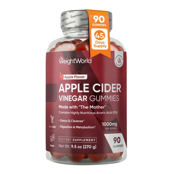 WeightWorld Apple Cider Vinegar Gummies 1000mg with The Mother   VIT C, B12-9-6, Beetroot | ACV Gummies - Digestion, Metabolism, Detox & Cleanse | Vegan Apple Cider Vinegar with Mother, 90 Count