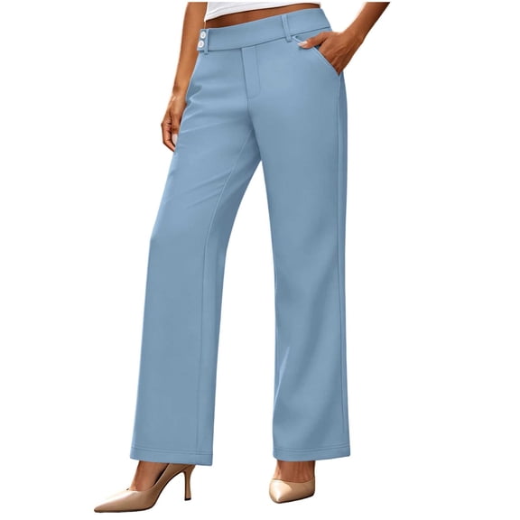 Hurxie Work Pants for Women Wide Leg Dress Pants Palazzo Business Casual Outfits Office Slacks with Pockets Button Stretchy Light Blue,L