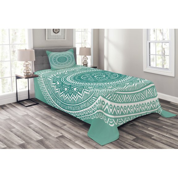 Teal Ombre Bedspread Set Twin Size, Mandala Pattern Boho Style Floral Dots and Stripes with Petals Ethnic Print, Quilted 3 Piece Decor Coverlet Set with Pillow Sham, Teal and White, by Ambesonne