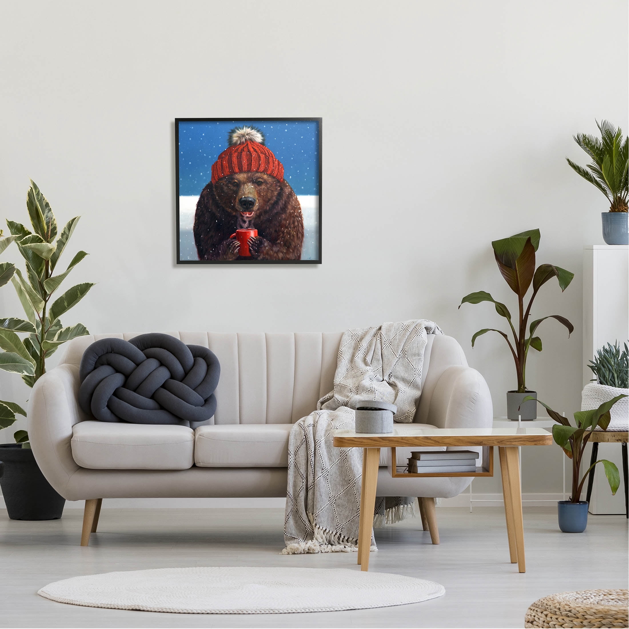 Stupell Industries Chilly Bear Hot Chocolate Snowfall Painting Black Framed Art Print Wall Art, Design by Lucia Heffernan