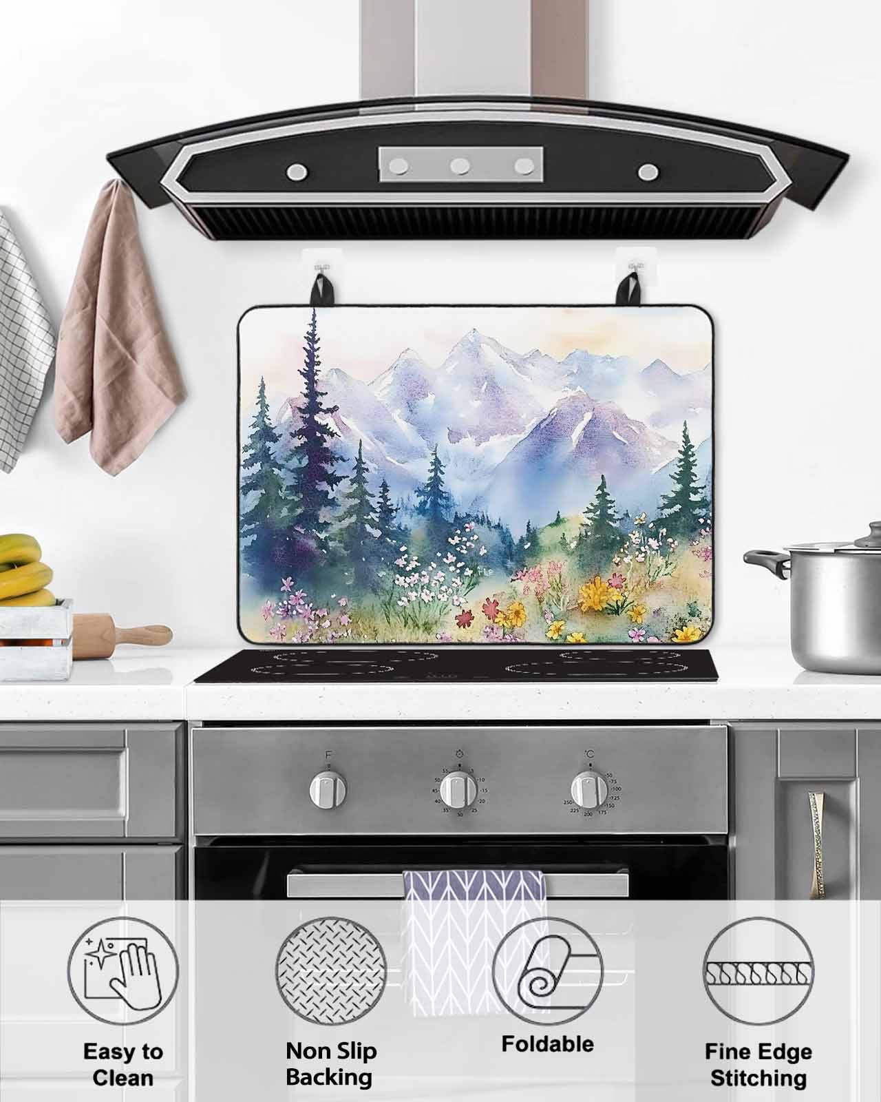 nqOlkjepod Large Induction Cooktop Protector Mat 24"x21", Forest Mountains Stove Top Covers for Electric Stove, Watercolor Natural Flower Tree Stove Burner Cover Mats, Glass Top Stove Cover